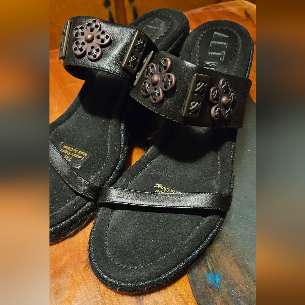 Art Effects Black Wedge Sandals with Floral Accents